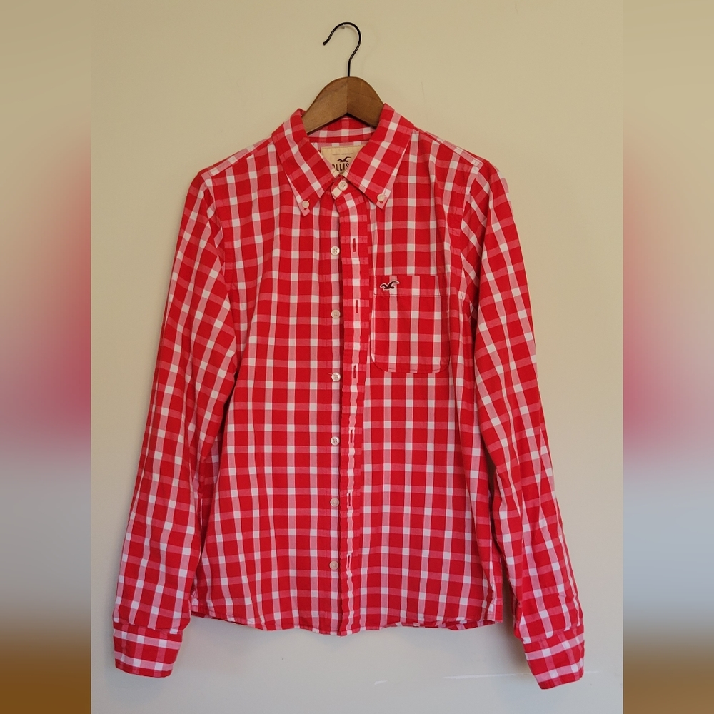 Men's Hollister Button Up Shirt Red White L
